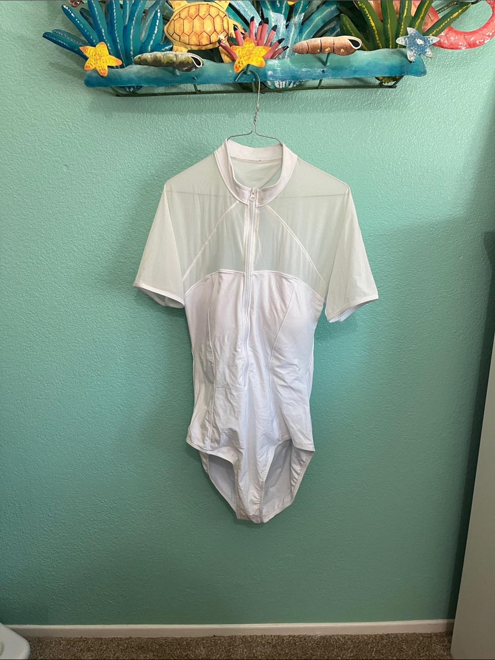 White Short-Sleeve Zip-Front One-Piece Swimsuit